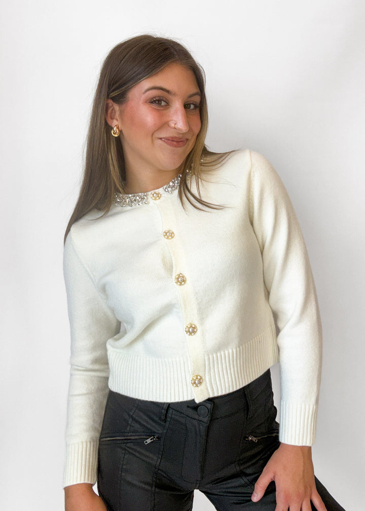 Molly Rhinestone Cardigan - White