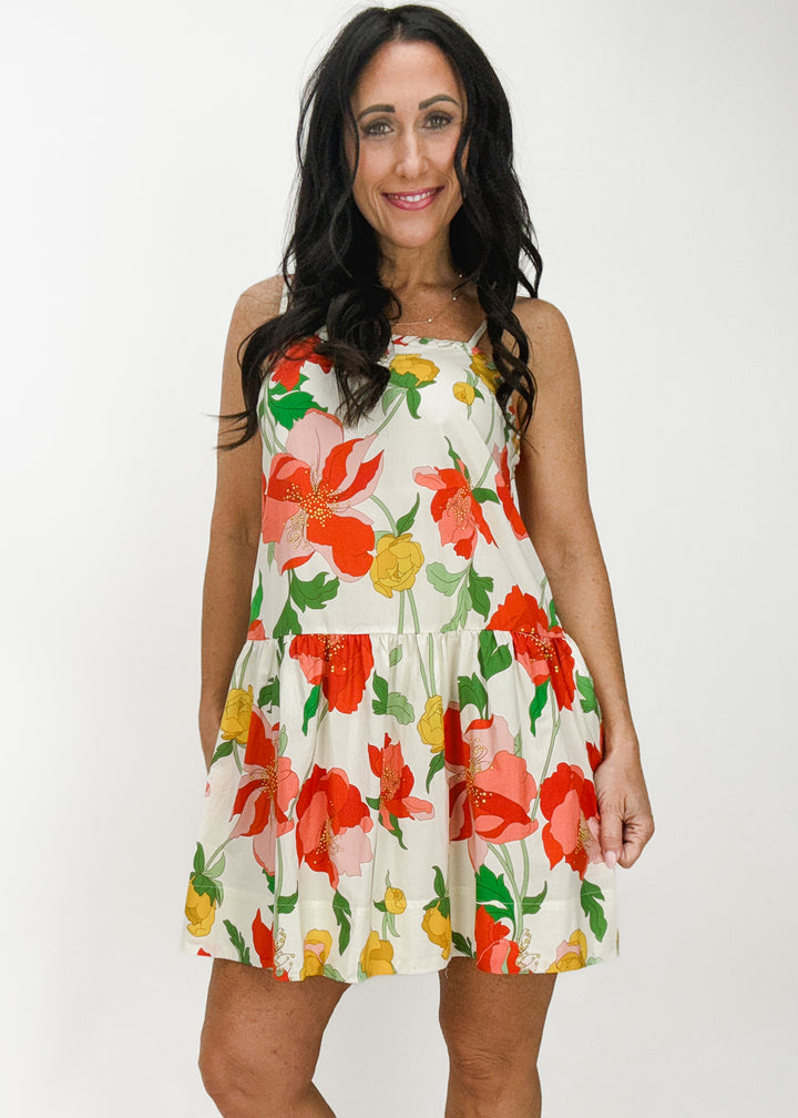 cream mini dress with pink, red, yellow, green floral print and ruffle skirt