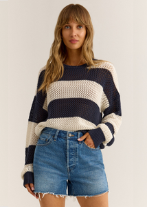 navy blue and cream knit stripe oversized sweater
